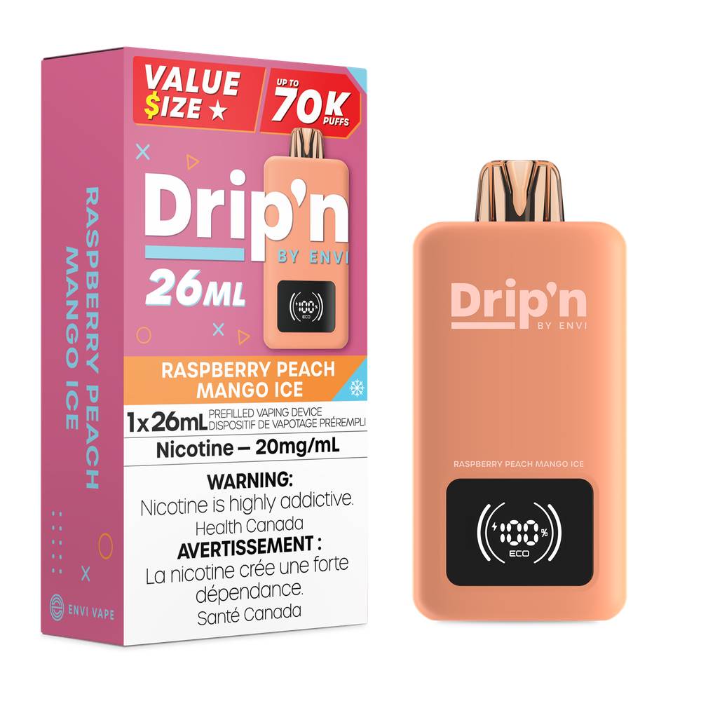 Drip'n by Envi 26mL 70K Puffs Disposable Vape Raspberry Peach Mango Ice