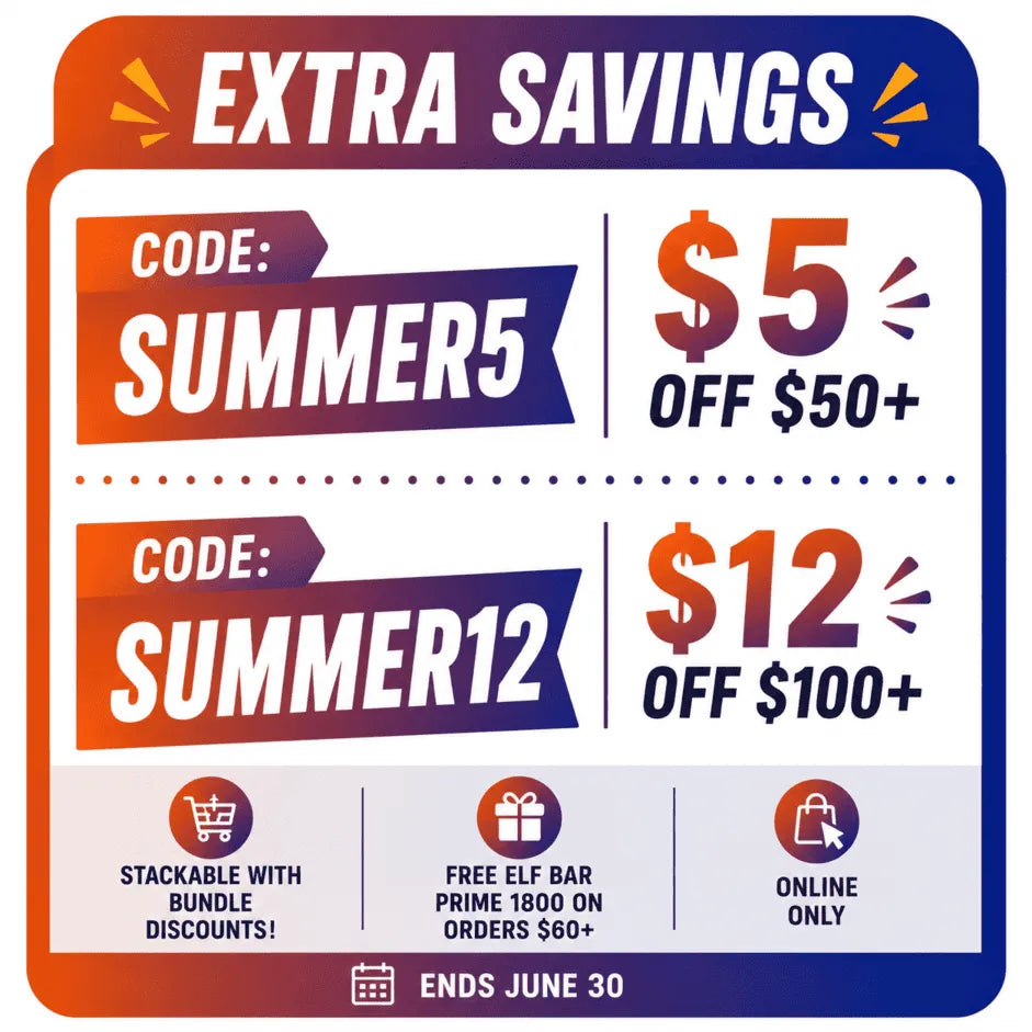 Super Vape Store Summer Sale banner with extra savings, coupon codes, free gift offer and stackable discounts.