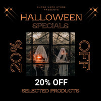 Halloween Specials at Super Vape Store – 20% off selected vape products, featuring a spooky ghost-themed design with glowing pumpkins and orange accents.
