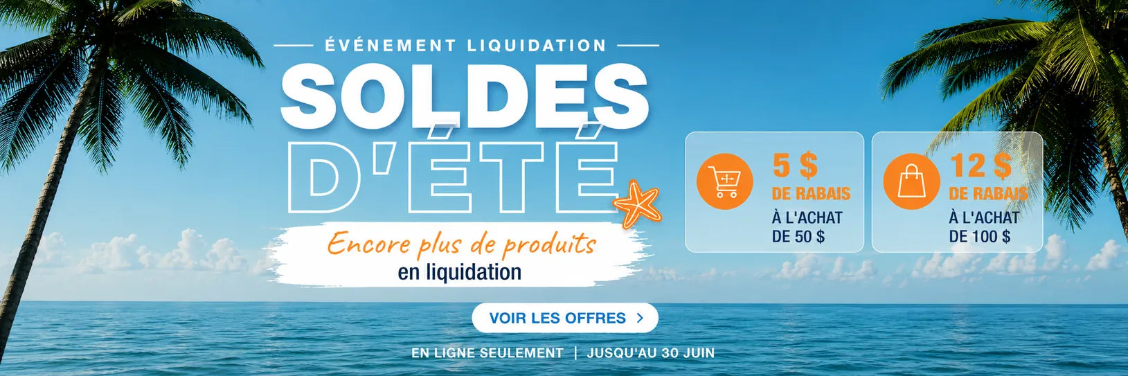 Bannière promotionnelle des soldes d’été avec plage tropicale, nouveaux produits en liquidation et rabais supplémentaires sur une sélection de produits chez Super Vape Store.