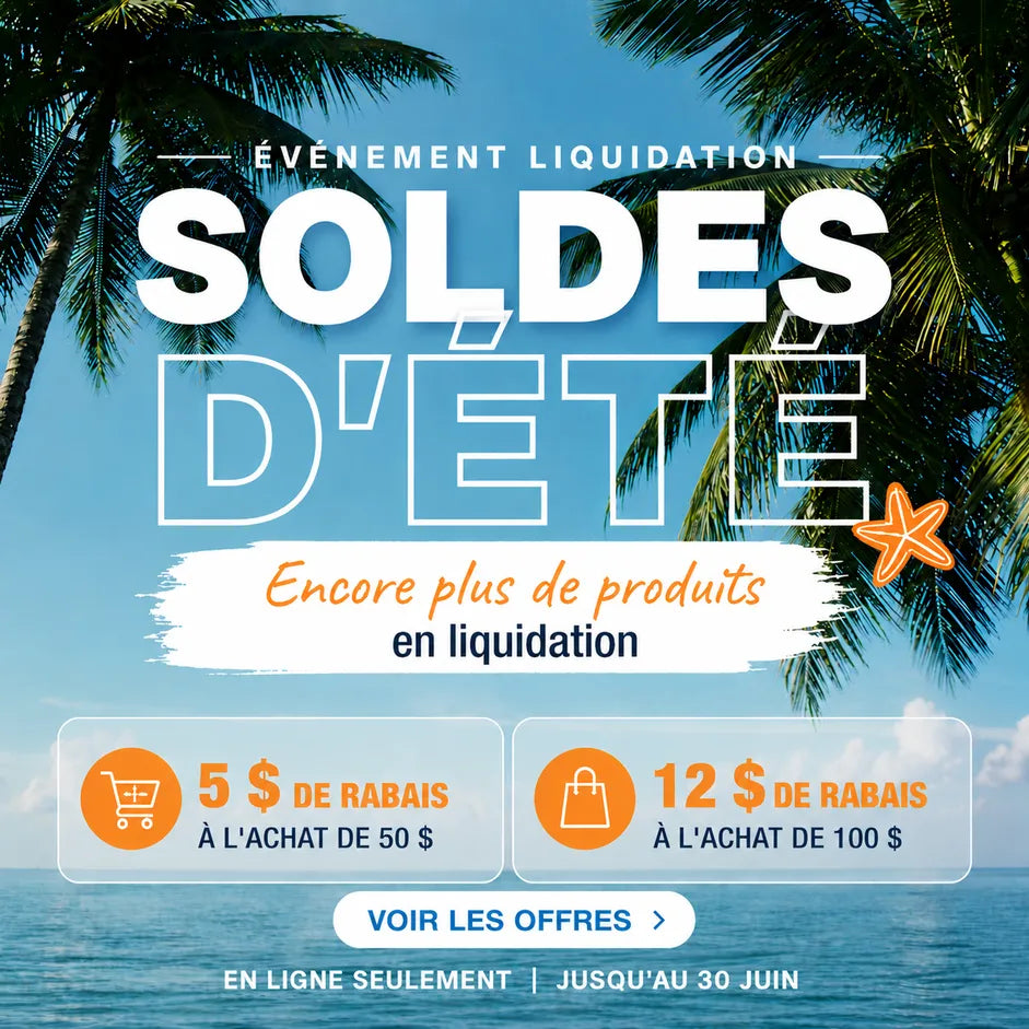 Bannière des soldes d’été avec décor tropical, nouveaux produits ajoutés à la liquidation, 5 $ de rabais à l’achat de 50 $ et 12 $ de rabais à l’achat de 100 $ chez Super Vape Store.